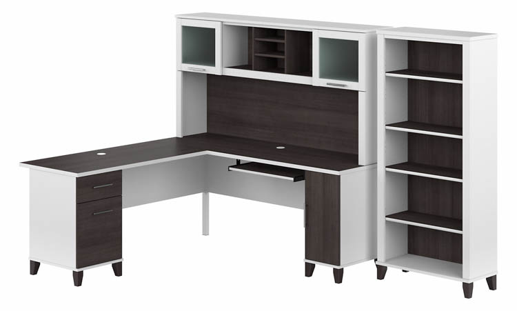 72in W L-Shaped Desk with Hutch and 5 Shelf Bookcase by Bush