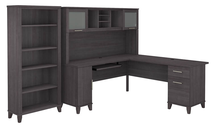 72in W L-Shaped Desk with Hutch and 5 Shelf Bookcase by Bush