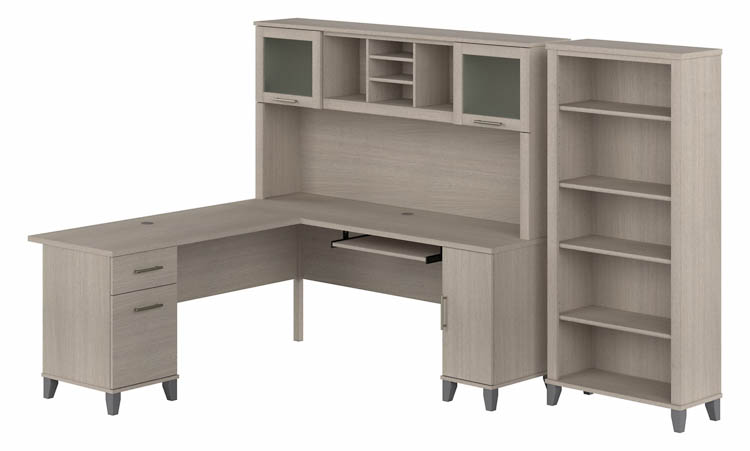 72in W L-Shaped Desk with Hutch and 5 Shelf Bookcase by Bush