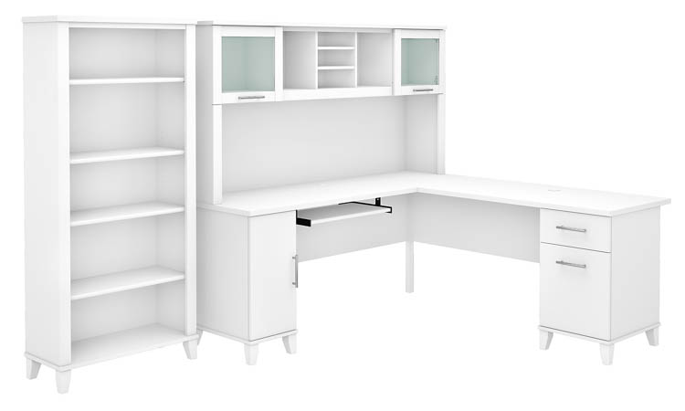 72in W L-Shaped Desk with Hutch and 5 Shelf Bookcase by Bush