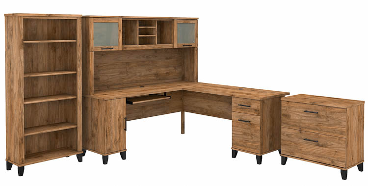 72in W L-Shaped Desk with Hutch, Lateral File Cabinet and Bookcase by Bush