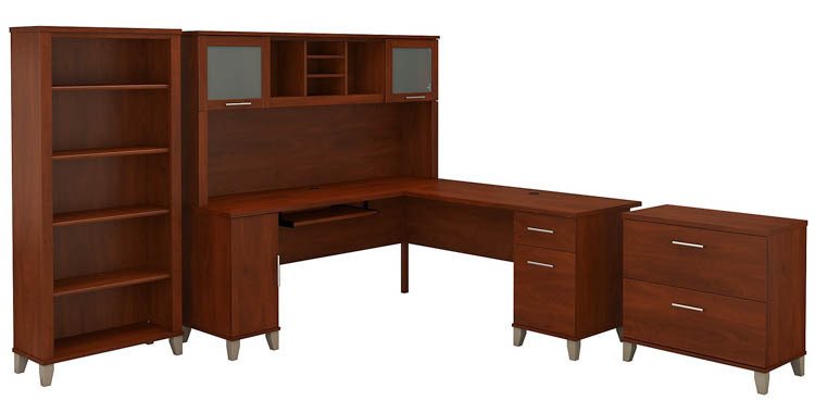 72in W L-Shaped Desk with Hutch, Lateral File Cabinet and Bookcase by Bush