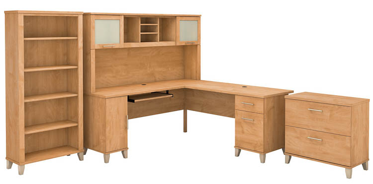 72in W L-Shaped Desk with Hutch, Lateral File Cabinet and Bookcase by Bush
