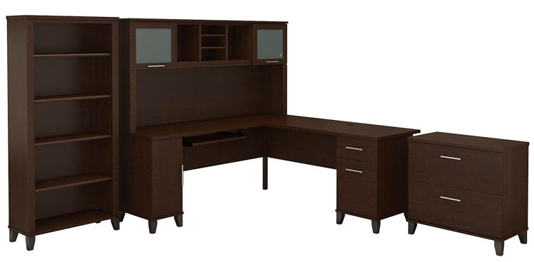 72in W L-Shaped Desk with Hutch, Lateral File Cabinet and Bookcase by Bush
