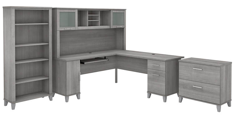 72in W L-Shaped Desk with Hutch, Lateral File Cabinet and Bookcase by Bush