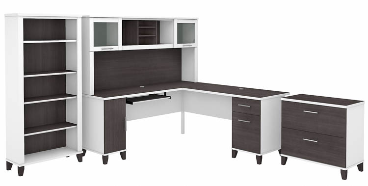 72in W L-Shaped Desk with Hutch, Lateral File Cabinet and Bookcase by Bush