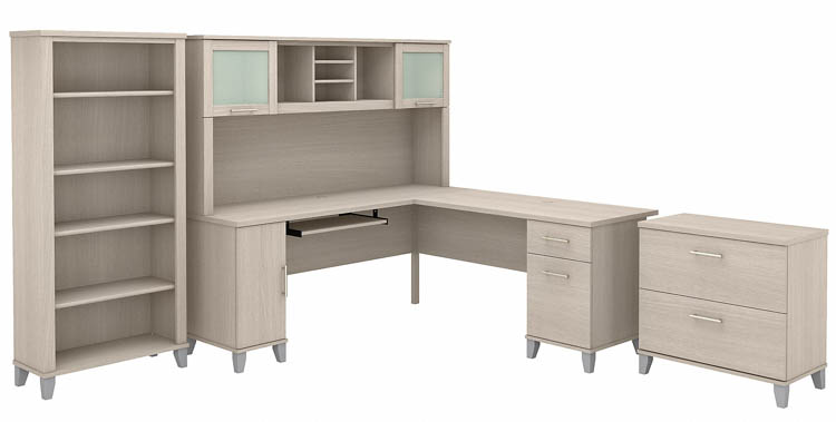 72in W L-Shaped Desk with Hutch, Lateral File Cabinet and Bookcase by Bush