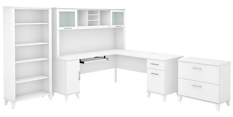 72in W L-Shaped Desk with Hutch, Lateral File Cabinet and Bookcase by Bush