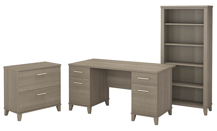 60in W Office Desk with Lateral File Cabinet and 5 Shelf Bookcase by Bush