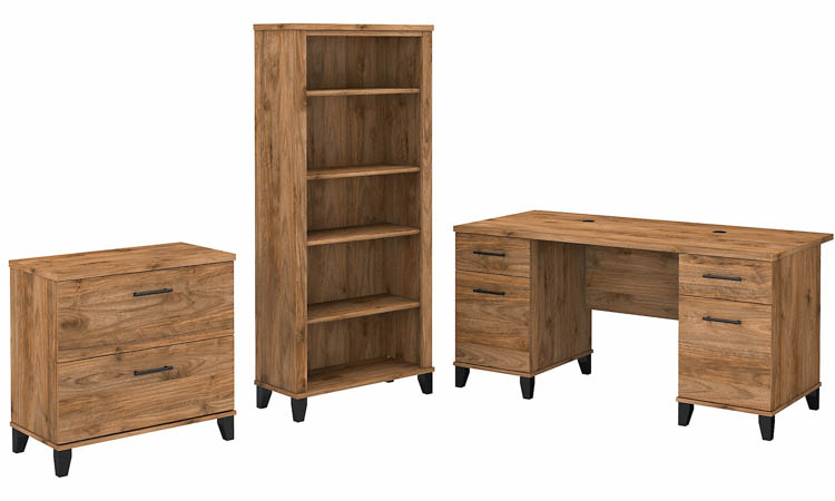 60in W Office Desk with Lateral File Cabinet and 5 Shelf Bookcase by Bush