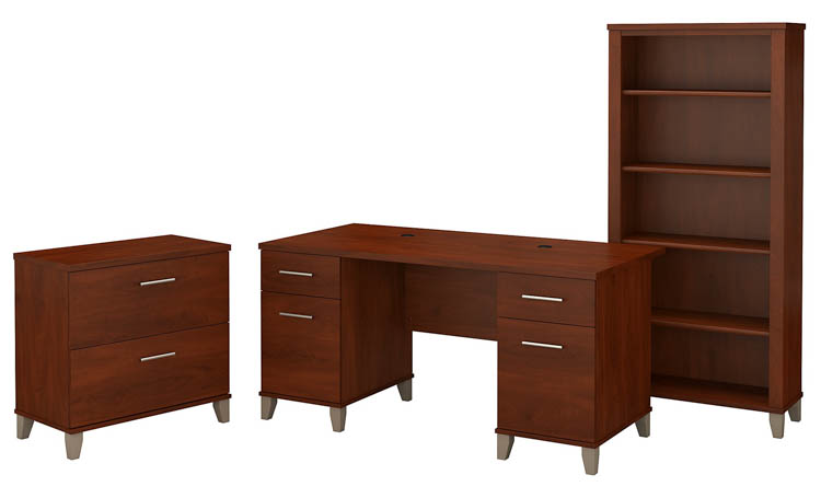 60in W Office Desk with Lateral File Cabinet and 5 Shelf Bookcase by Bush