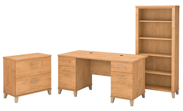 60in W Office Desk with Lateral File Cabinet and 5 Shelf Bookcase by Bush