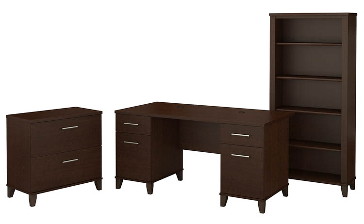 60in W Office Desk with Lateral File Cabinet and 5 Shelf Bookcase by Bush
