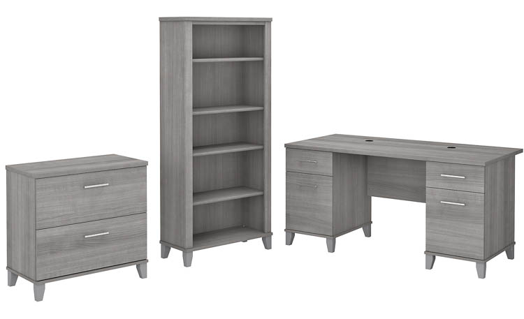 60in W Office Desk with Lateral File Cabinet and 5 Shelf Bookcase by Bush