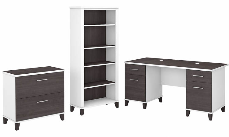 60in W Office Desk with Lateral File Cabinet and 5 Shelf Bookcase by Bush