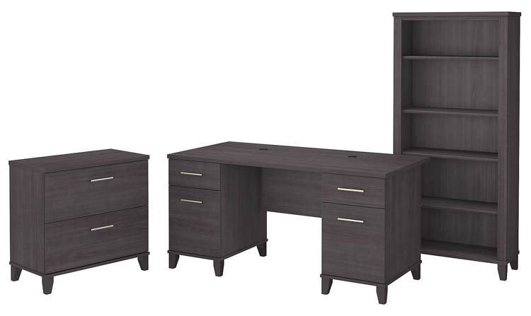 60in W Office Desk with Lateral File Cabinet and 5 Shelf Bookcase by Bush