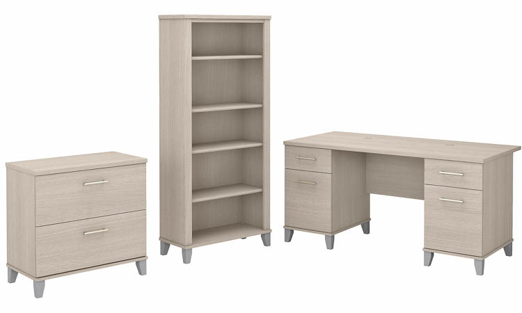 60in W Office Desk with Lateral File Cabinet and 5 Shelf Bookcase by Bush