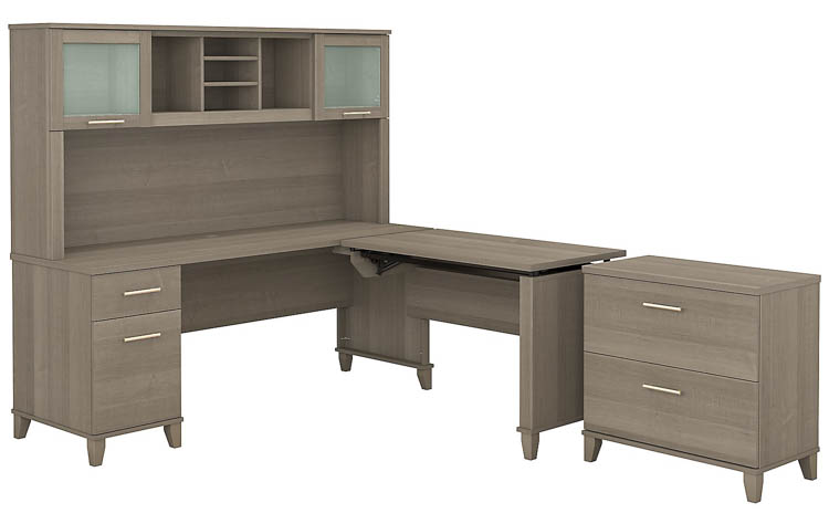 6ft W 3 Position Sit to Stand L-Shaped Desk with Hutch and Lateral File Cabinet by Bush