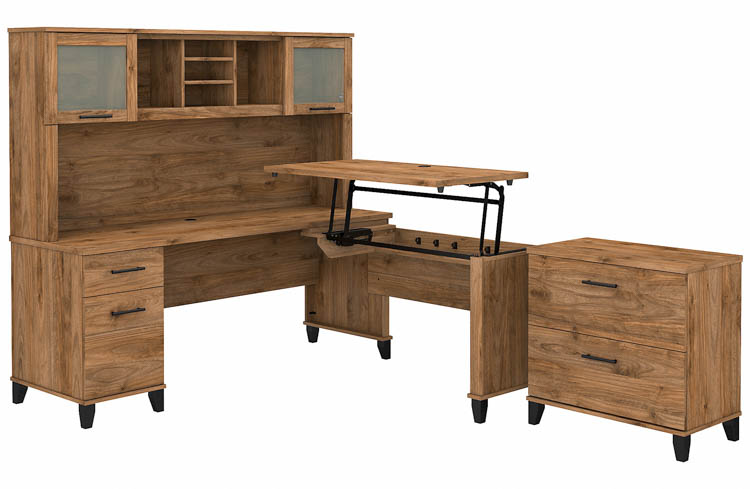 6ft W 3 Position Sit to Stand L-Shaped Desk with Hutch and Lateral File Cabinet by Bush