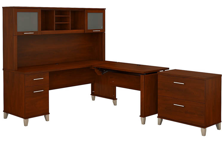 6ft W 3 Position Sit to Stand L-Shaped Desk with Hutch and Lateral File Cabinet by Bush