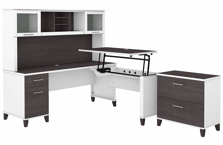 6ft W 3 Position Sit to Stand L-Shaped Desk with Hutch and Lateral File Cabinet by Bush