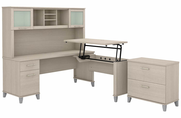 6ft W 3 Position Sit to Stand L-Shaped Desk with Hutch and Lateral File Cabinet by Bush