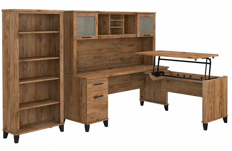 6ft W 3 Position Sit to Stand L-Shaped Desk with Hutch and Bookcase by Bush