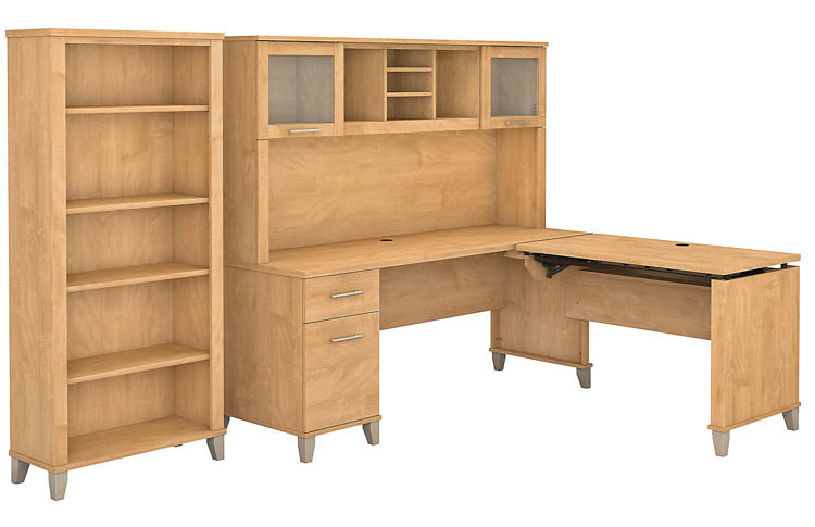 6ft W 3 Position Sit to Stand L-Shaped Desk with Hutch and Bookcase by Bush