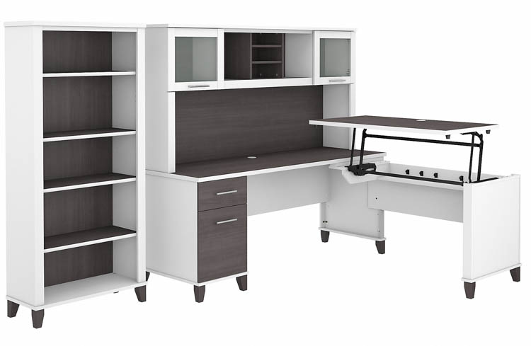 6ft W 3 Position Sit to Stand L-Shaped Desk with Hutch and Bookcase by Bush