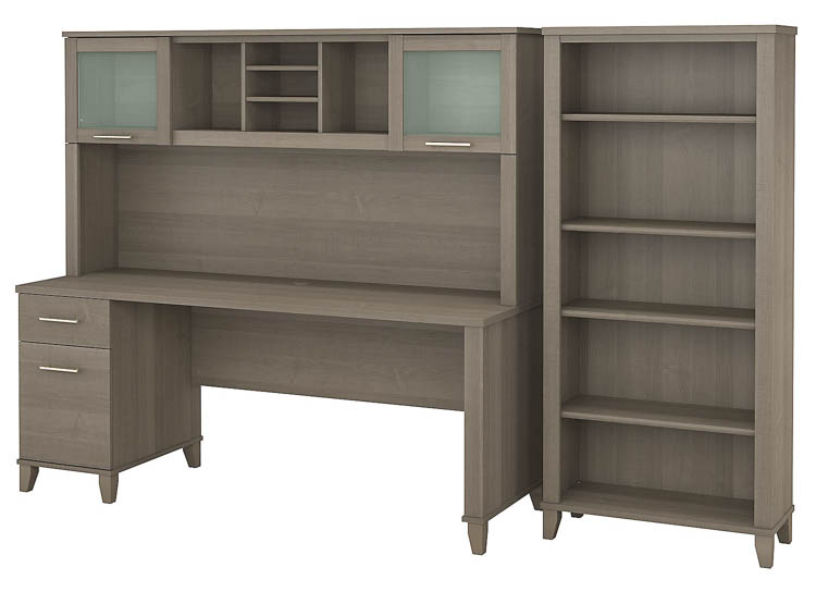 72in W Office Desk with Hutch and 5 Shelf Bookcase by Bush
