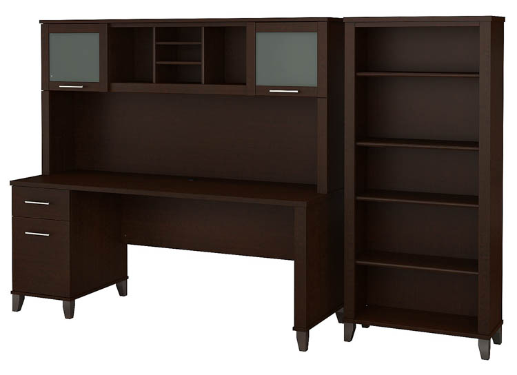 72in W Office Desk with Hutch and 5 Shelf Bookcase by Bush