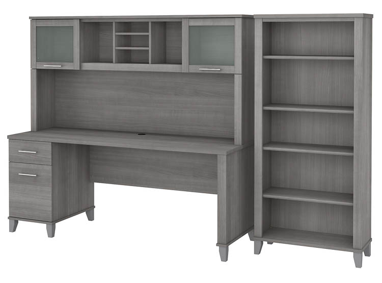 72in W Office Desk with Hutch and 5 Shelf Bookcase by Bush