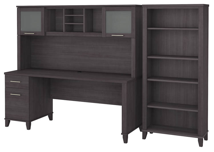 72in W Office Desk with Hutch and 5 Shelf Bookcase by Bush