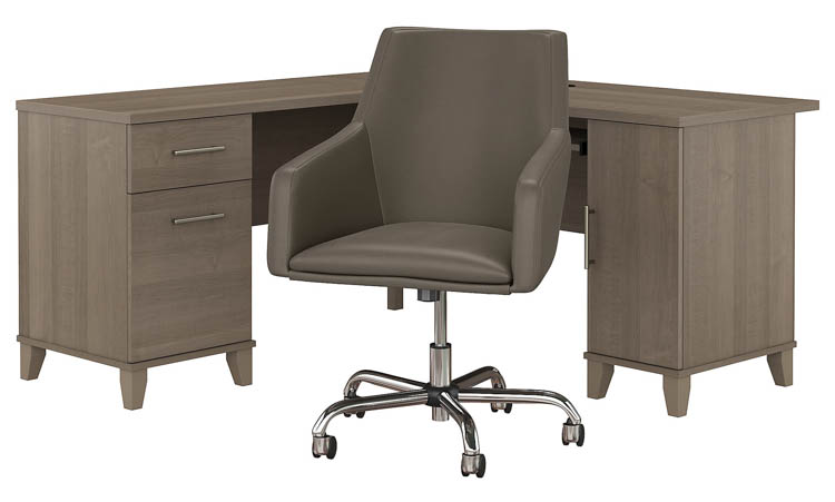 60in W L-Shaped Desk with Mid Back Leather Box Chair by Bush