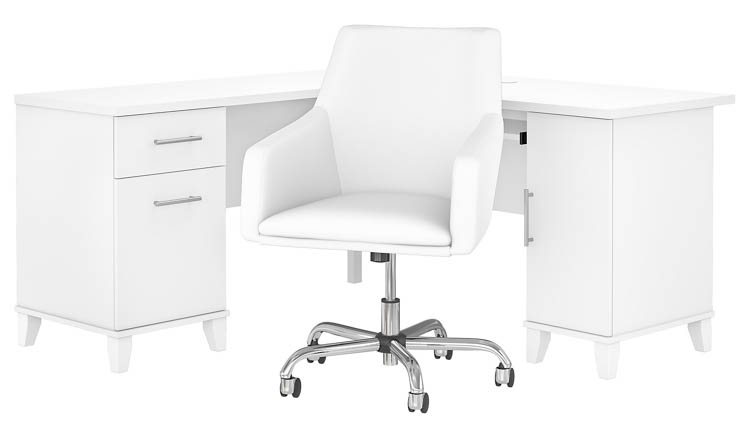 60in W L-Shaped Desk with Mid Back Leather Box Chair by Bush