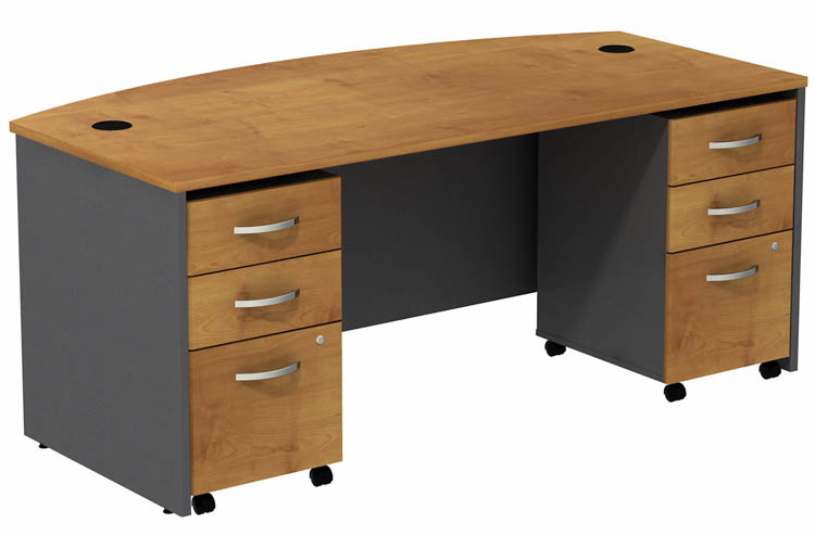 72in W Bow Front Desk with (2) Assembled 3 Drawer Mobile Pedestals by Bush