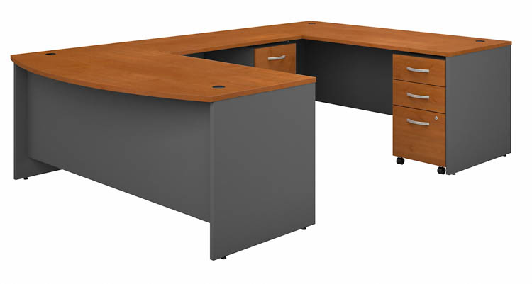 72in W x 36in D Bow Front U-Shaped Desk with (2) Assembled Mobile File Cabinets by Bush
