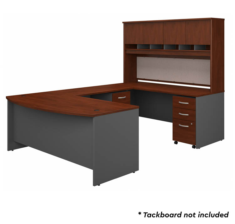 72in W Bow Front U-Shaped Desk with Hutch and (2) Assembled Mobile File Cabinets by Bush