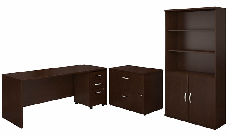 72in W Office Desk with Bookcase and Assembled Lateral and Mobile File Cabinets by Bush