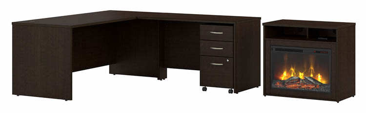 72in W x 30in D L-Shaped Desk, 32in W Electric Fireplace with Shelf, and Assembled 3 Drawer Mobile File Cabinet by Bush
