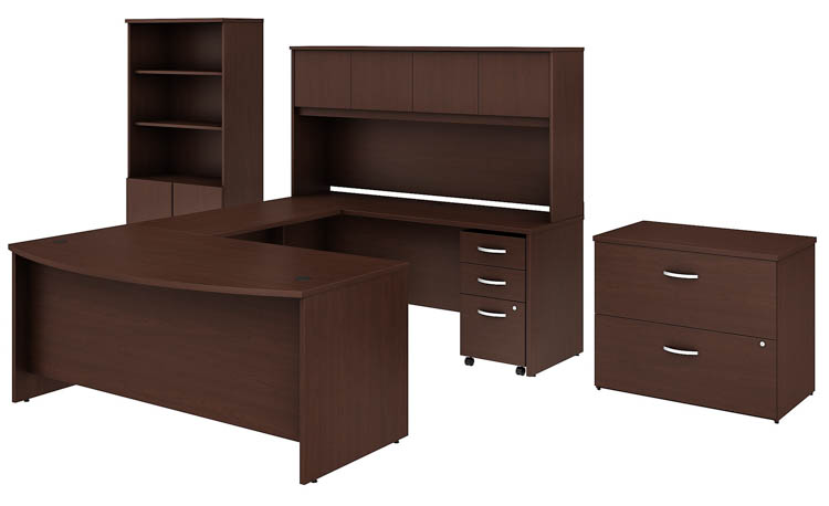 72 W x 36 D U-Shaped Desk with Hutch, Bookcase and 2 Assembled File Cabinets by Bush
