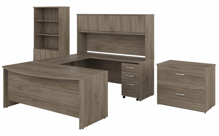 72in W x 36in D U-Shaped Desk with Hutch, Bookcase and 2 Assembled File Cabinets by Bush