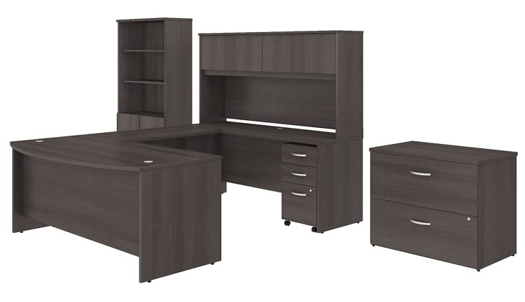 72in W x 36in D U-Shaped Desk with Hutch, Bookcase and 2 Assembled File Cabinets by Bush