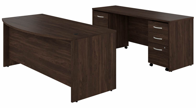 72in W x 36in D Bow Front Desk and Credenza with 2 Assembled Mobile File Cabinets by Bush