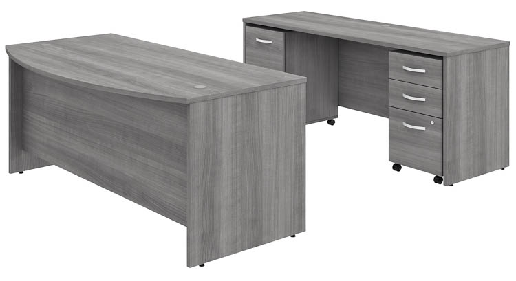 72in W x 36in D Bow Front Desk and Credenza with 2 Assembled Mobile File Cabinets by Bush