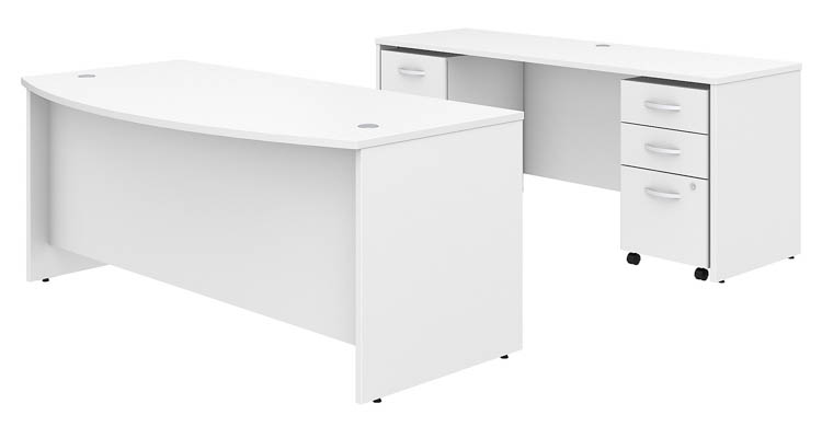 72in W x 36in D Bow Front Desk and Credenza with 2 Assembled Mobile File Cabinets by Bush