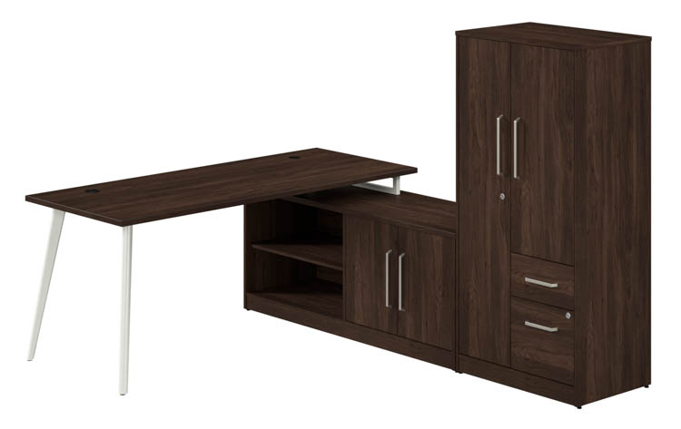 72in W L-Shaped Desk with Metal Legs, Low Storage Cabinet, and Wardrobe by Bush