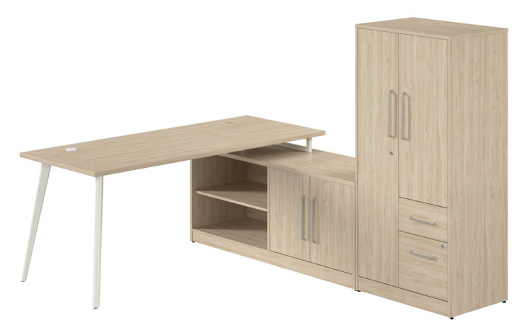 72in W L-Shaped Desk with Metal Legs, Low Storage Cabinet, and Wardrobe by Bush