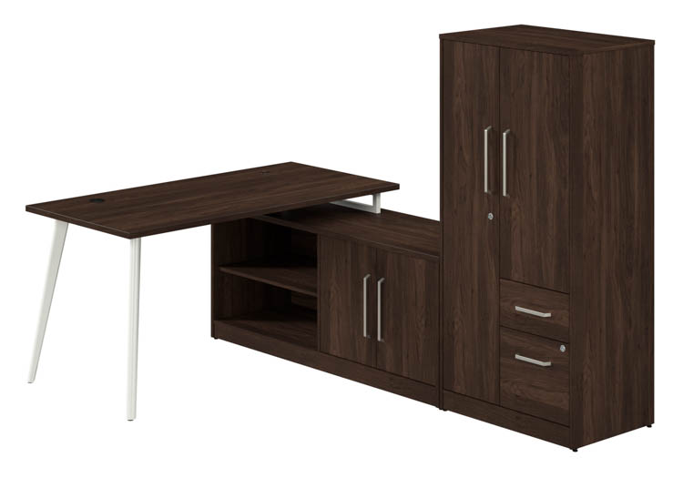 60in W L-Shaped Desk with Metal Legs, Low Storage Cabinet, and Wardrobe by Bush