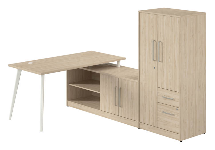 60in W L-Shaped Desk with Metal Legs, Low Storage Cabinet, and Wardrobe by Bush